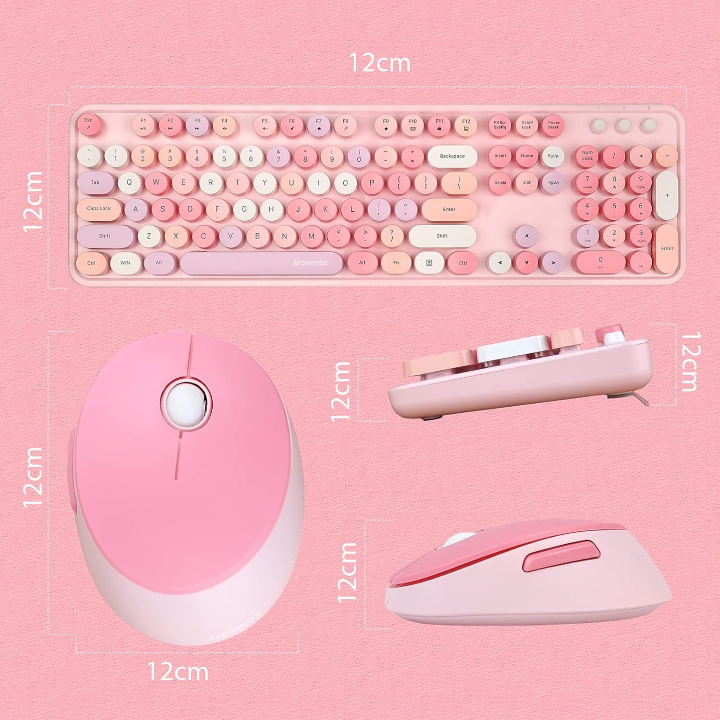 Wireless Keyboard and Mouse Combo, Sweet Mixed Color Cute Keyboard, 2.4G USB Ergonomic Keyboard and Mouse Combo