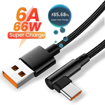 66W 6A USB C 90° Right Angle Cable for Xiaomi Fast Charging Cord for Honor Huawei Oneplus Realme Angled Data Wire Nylon
