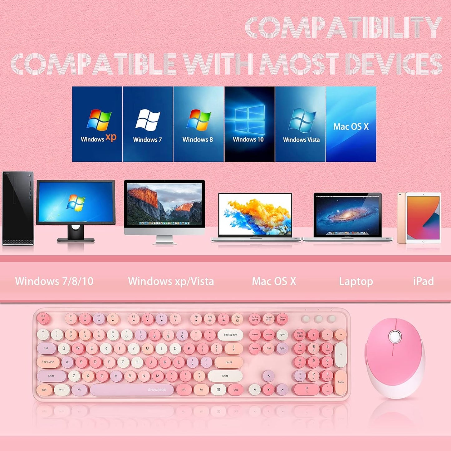 Wireless Keyboard and Mouse Combo, Sweet Mixed Color Cute Keyboard, 2.4G USB Ergonomic Keyboard and Mouse Combo