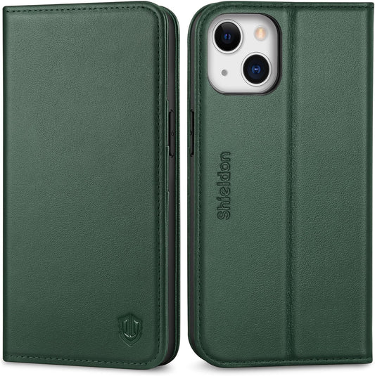 Case for Iphone 13, Genuine Leather Wallet Folding Case with Kickstand RFID Blocking Card Slots Magnetic Shockproof Cover Compatible with Iphone 13 5G (6.1" 2021) - Midnight Green