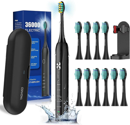 Electric Toothbrush for Adults, 10 Replacement Heads, 1 Travel Case, Sonic, Soft, IP7 Waterproof, Smart Timer, Battery Powered