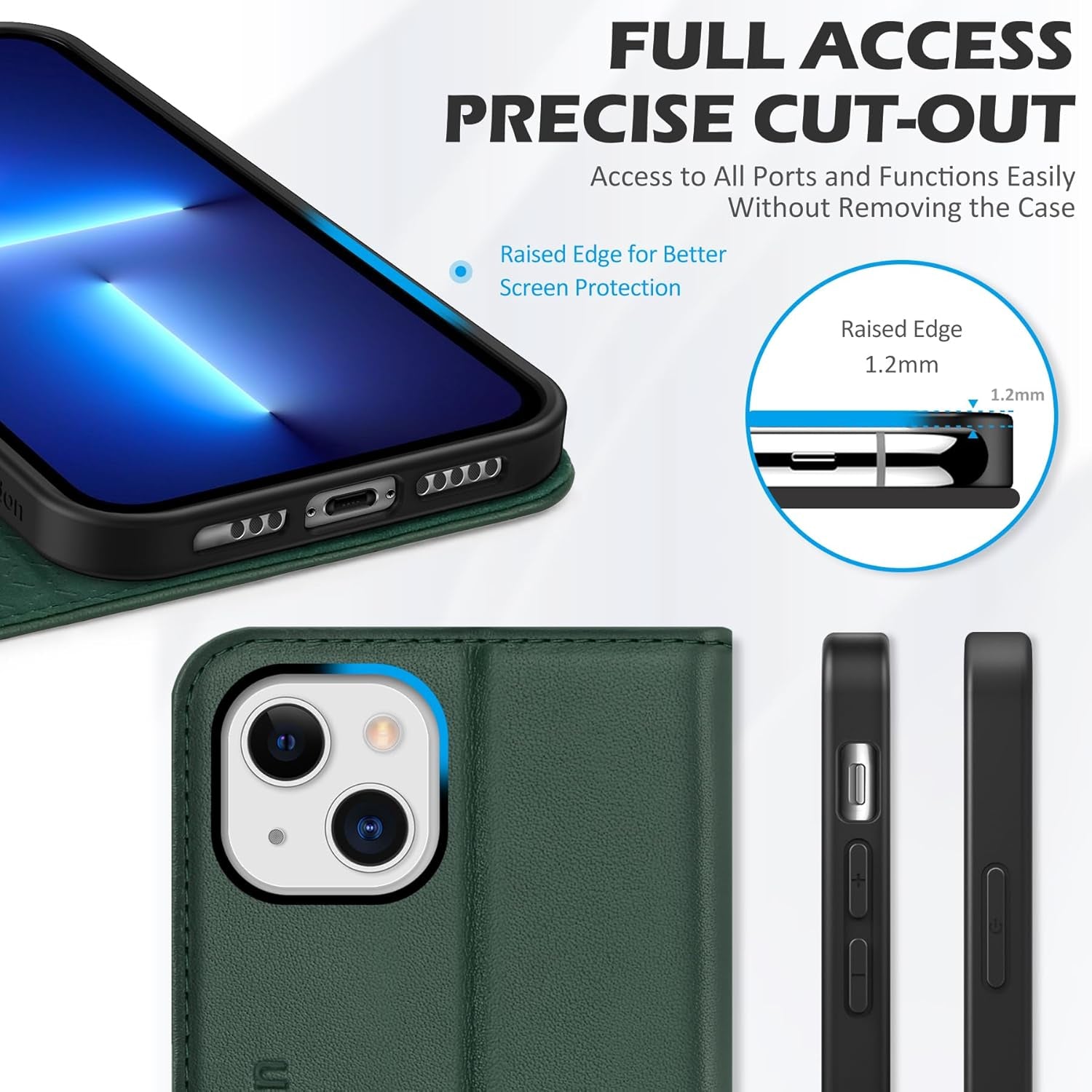 Case for Iphone 13, Genuine Leather Wallet Folding Case with Kickstand RFID Blocking Card Slots Magnetic Shockproof Cover Compatible with Iphone 13 5G (6.1" 2021) - Midnight Green